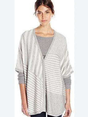 Splendid Grey White Striped Button Front Blanket Poncho Wool Cashmere Sweater M